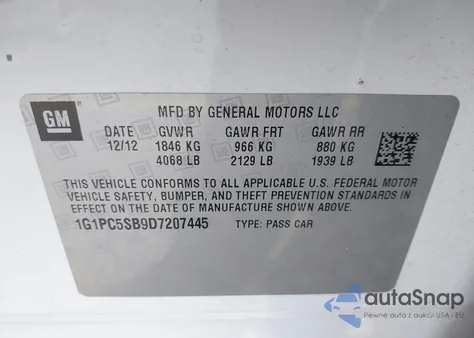 2013 Chevrolet Cruze 1Lt Auto from USA, damaged, VIN 1G1PC5SB9D7207445